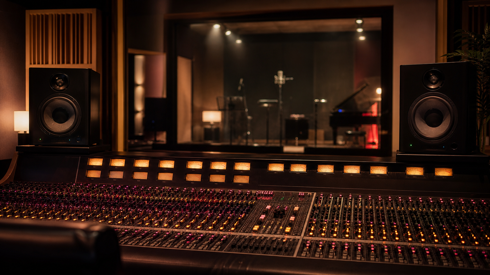 Sala di regia di Partitura Studio ad Andria con mixer analogico, monitor da studio e luci calde