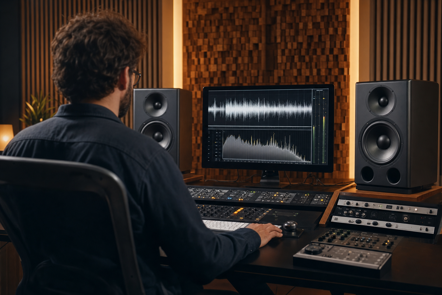 Ingegnere del suono al mastering con monitor da studio e forma d'onda a schermo