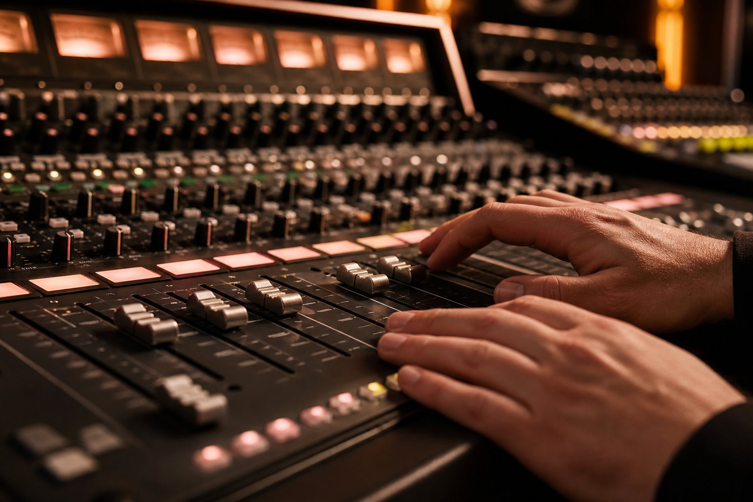 Fonico alla console di mixaggio con fader e VU meter analogici illuminati