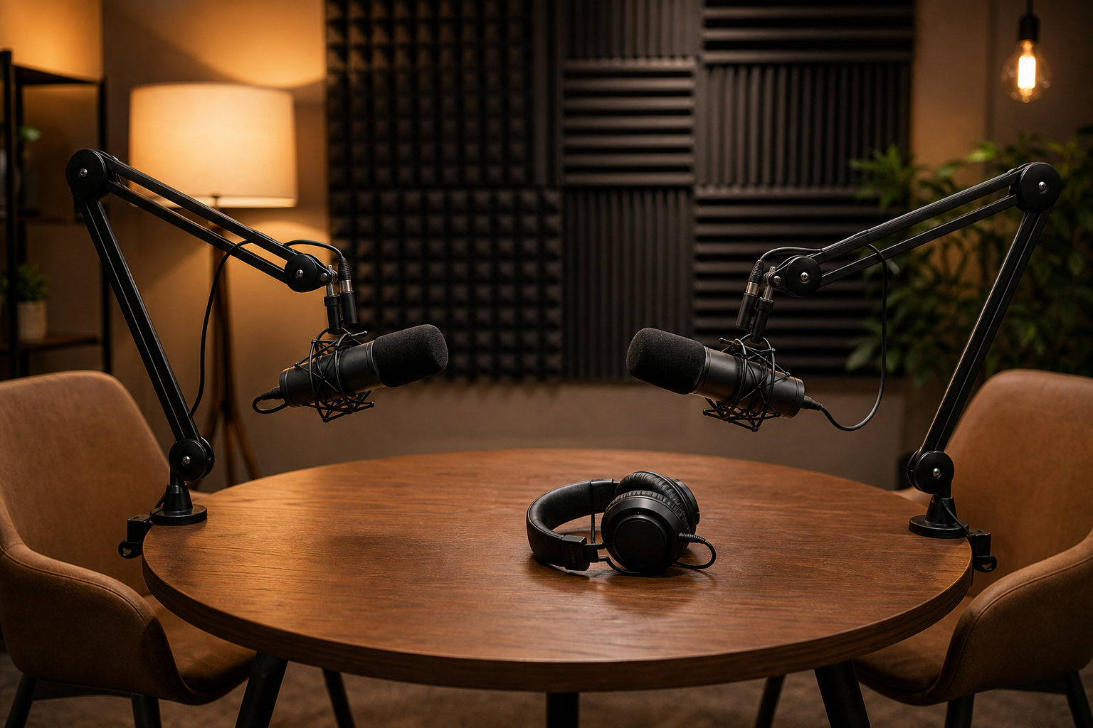 Set podcast con due microfoni professionali, cuffie e pannelli fonoassorbenti