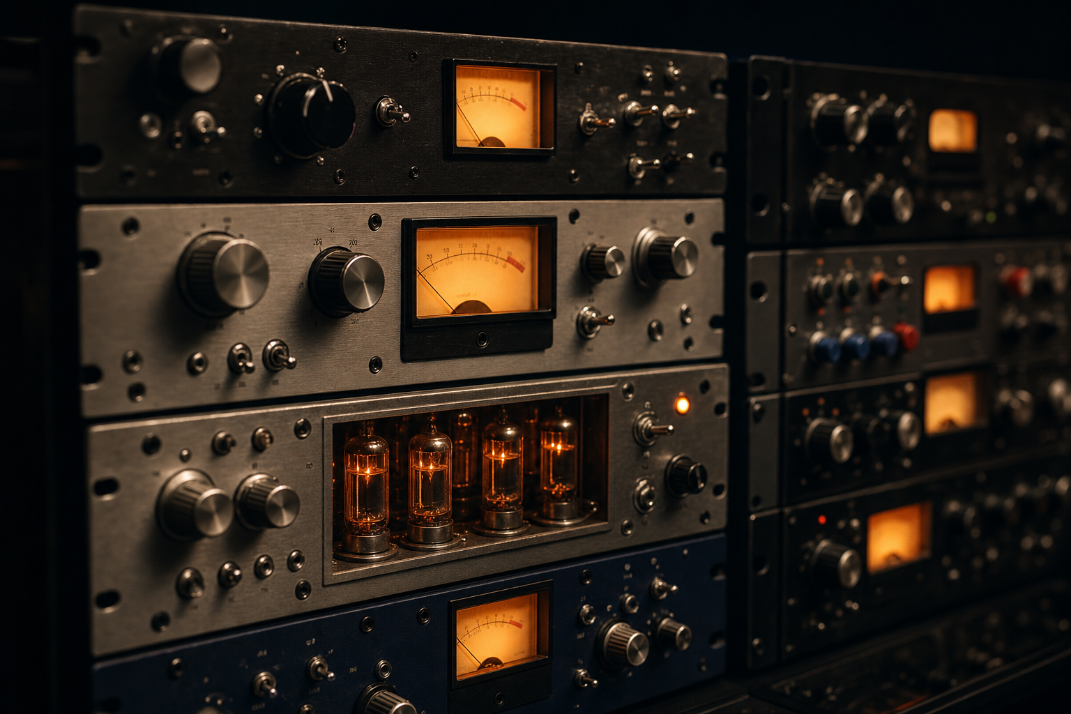 Rack di strumentazione analogica vintage con compressori ed equalizzatori a valvole