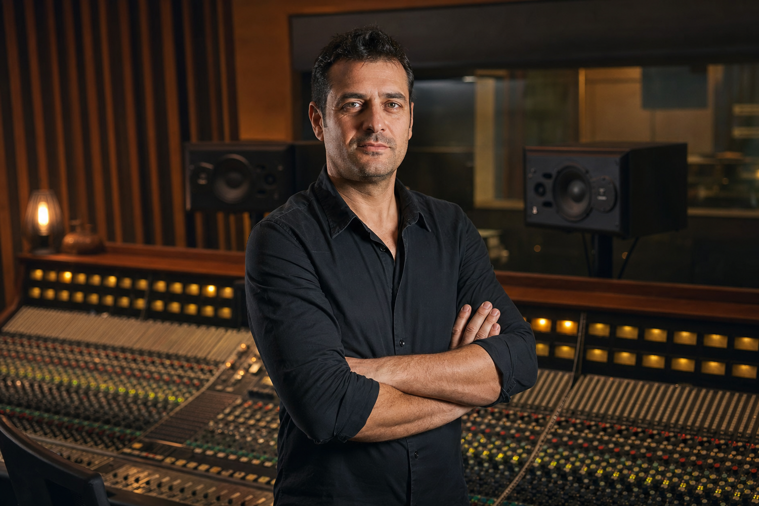 Luca Santoro, fondatore di Partitura Studio, in sala di regia davanti alla console di mixaggio